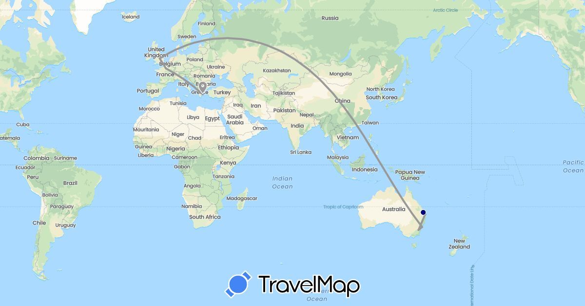TravelMap itinerary: driving, plane in Australia, France, United Kingdom, Greece (Europe, Oceania)
